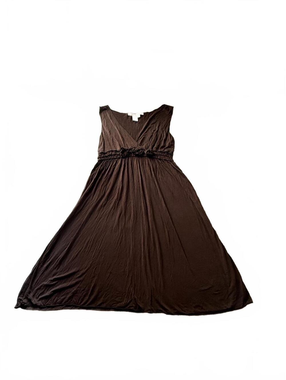 MAX STUDIO Chocolate Brown Midi Dress M Viscose Spandex V-Neck Rosette Empire